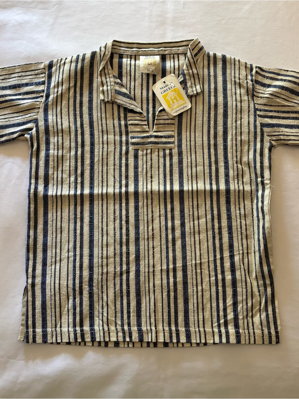 Child’s Striped Short-Sleeve Shirt in Beige and Navy - Made in Greece